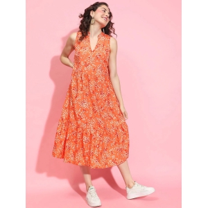 Oxolloxo Women Floral Print Mandarin Collar Fit & Flare Midi Dress