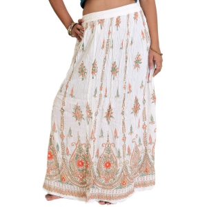 White Long Skirt With Printed Flowers and Embroidered Sequins
