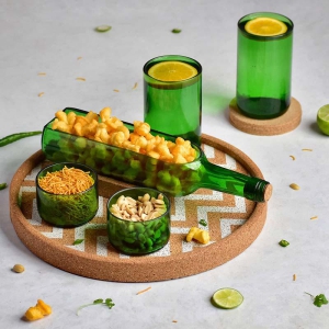 Green Wine Bottle Serving Set With Cork Tray