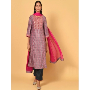 Bougainvillea Pink printed velvet Kurta Pant Dupatta set-L