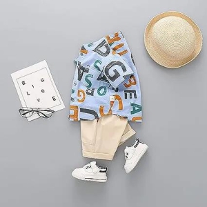Blue Alphabet Printed Shirts and Shorts-3 to 4 Years