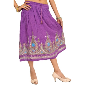 Amaranth-Purple Midi-Skirt with Printed Flowers Embellished with Sequins