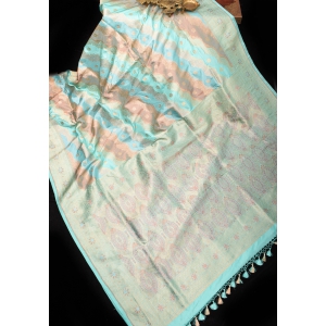 Sky Blue and Peach leheria Jaal Banarasi katan silk saree with zari Meenakari border | SILK MARK CERTIFIED