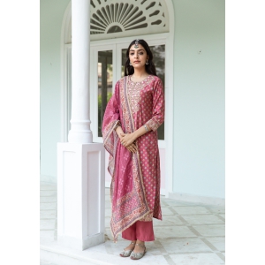 Women PInk Muslin Straight  Kurta Trouser & Dupatta Set-XXL / Pink