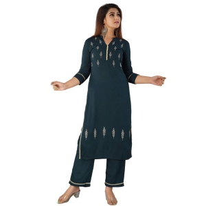 JAIPURETHNICWEAVES Women's Rayon Slub Embroidered Straight Kurta & Palazzo Set