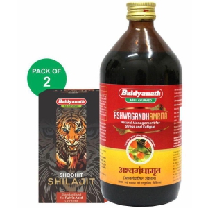 Baidyanath Shodhit Shilajit 30 Caps + Ashwagandhaamrita (450 ml) - (Pack Of 2)