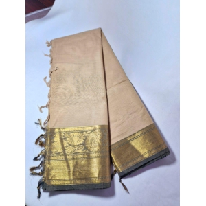 NVMSD004-Creamy Color Muga Silk saree with Mango Design Golden Zari Border