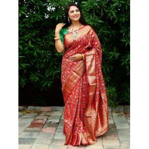 Glossy Ikkat Patola Red Color Saree