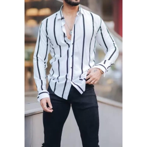 Men Regular Fit Striped Mandarin Collar Casual Shirt