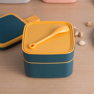 2868 BLUE DOUBLE-LAYER PORTABLE LUNCH BOX STACKABLE WITH CARRYING HANDLE AND SPOON LUNCH BOX , Bento Lunch Box