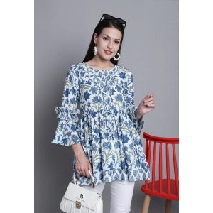 White & Blue Pure cotton Jaipuri Printed Short Top-XL-42