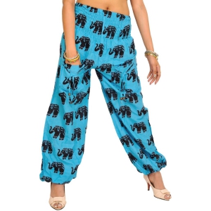 River-Blue Yoga Trousers with Printed Elephants and Front Pockets