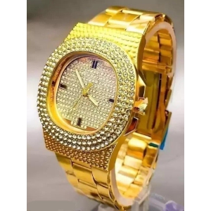 Golden Stone Studded Diamond Wrist Watch For Boys & Men-Golden