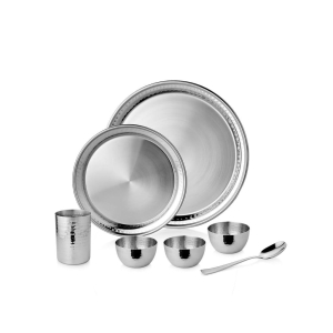 Urban Spoon Signature Stainless Steel Hammered Bhojan Thaalee Set, Dinner Set 7 Pcs - 30 Cm Silver