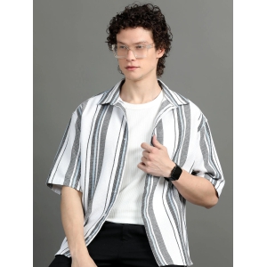 Premium Men Oversized Shirt, Yarn Dyed Stripes, Textured Fabric, Half Sleeve, Cotton, White-XXL / White