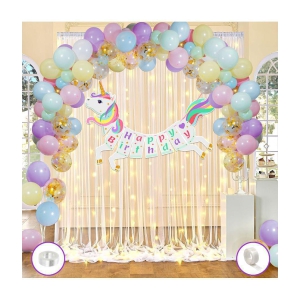 Zyozi Unicorn Theme Birthday Decorations | Canopy Tent Birthday Decorations Items | Unicorn Birthday Decorations Kit - Banner, Pastel Balloons, Confetti Balloons, Rice Light (Pack Of 37) - M