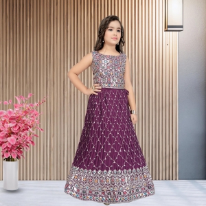 Crushed Fabric Rich Border Wine Lehenga/Ghagra With Wine Sequin Work Embroidery Choli-22 (3-4 years)