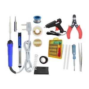 ALDECO: ( 15 in 1 ) 25 Watt Soldering Iron Kit With- Blue Iron, Wire, Flux, Wick, Stand, Cutter, Tweezer, Tester, Bit, Tape, Glue Gun, 2 Glue Stick, Jackley 32, Desoldering Pump