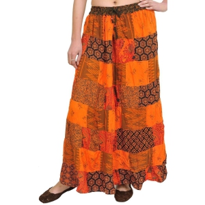 Orange Printed Long Boho Skirt from Gujarat with Patch Work