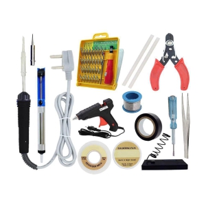 ALDECO: ( 15 in 1 ) 25 Watt Soldering Iron Kit With- Black Iron, Wire, Flux, Wick. Stand, Cutter, Tester, Tweezer, Tape, Bit, Glue Gun, 2 Glue Stick, Desoldering Pump, Jackcley 32