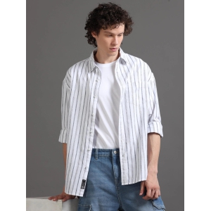 Premium Men LINEN Shirt, Relaxed Fit, Yarn Dyed Stripes, Full Sleeve, White-L / White Grey Stripes