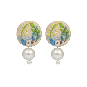 Embroidered Parsi Gara Cream Blooming Flower Pearl Earrings