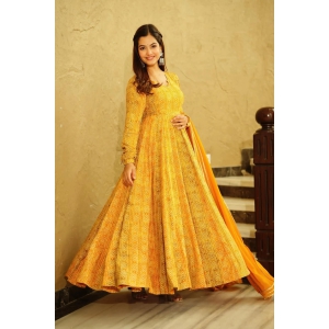 Beautiful and Stylish Full Flair Gown for Women In Yellow Color-5XL