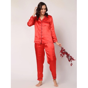 GOCHIKKO Womens Satin Plain Color Night Suit Set of Shirt & Pyjama Pack of 1(LIGHT RED)-2XL