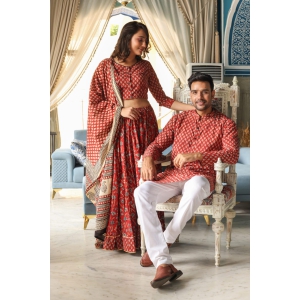 Elegant Cotton Lehanga Choli & Kurta Pyjama Combo Red-Lehanga and Gents Kurta / 44 / XXXL