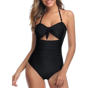 Halter Front Tie Knot Bathing Suit Women Sexy Cutout One Piece Swimsuits Tummy Control High Waisted-M / Black