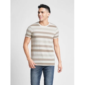 White and Khakhi Striped Cotton T-shirt-M / Khakhi