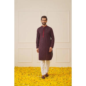 Men Sequins Chikankari Embroidered Kurta only-S / Maroon