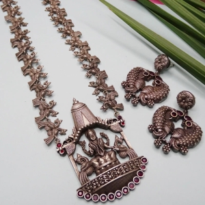 Long oxidized silver tone temple necklace set