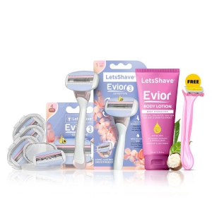 LetsShave Evior 3 Value Kit- Evior 3 Manual Razor+Blade refills/cartridges (4 Pcs) with Body Lotion | Full Body Hair Removal Razor for Women