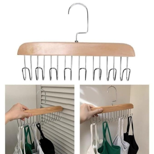 Multifunctional Wooden Hanger with Metal Hooks (Pack of 1)-Free Size