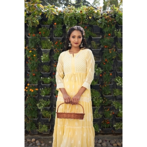 Georgette Chikankari Layered Gown- Yellow-Yellow / XXL