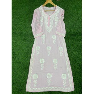 Chikan Handwork Rayon Kurti-Baby Pink / 46/3XL / Soft Pure Rayon