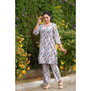 Plus Size White and Black Floral Printed Loungewear Set-3XL