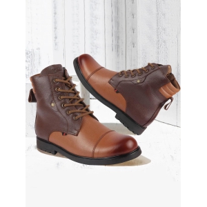 Men Tan Leather Lace Up High Top Boots-10