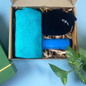 Bamboo Women Gift Set of 3 - Ankle Socks, Hand Towel & Resistance Band-Black Ankle Socks | Teal Hand Towel | Blue Band