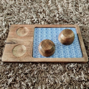 Blue Wooden Platter With 2 Bowls (Set of 3)