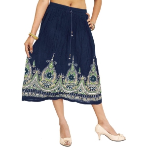 Navy-Blue Midi-Skirt with Printed Flowers Embellished with Sequins