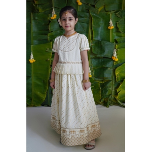 Girl Bandhani Pattu Pavdai-Cream 8Y