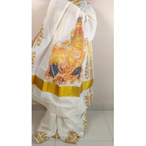 Kerala Kasavu Saree With Mural Print Design