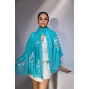 Turquoise Blue Shawl, Pure Pashmina Shawl with hand embroidery white butterflies