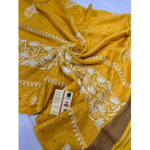 SOFT PURE MOONGA SILK, CHIKAN HAND EMBROIDERED SAREE-MUSTARD YELLOW / SOFT PURE MOONGA SILK / CHIKAN HAND EMBROIDRED