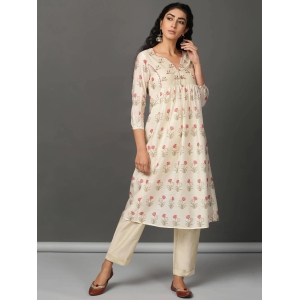 Off White Printed Chanderi Kurta Pants Set-XL