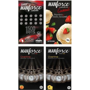 MANFORCE Fruit Basket Combo Pack (3in1 Overtime Orange 3in1 Overtime Pineapple Extra Dotted Litchi & Cocktail Strawberry + Vanilla with Dotted Rings) - 40 Pieces (Pack of 4) Condom  (Set of 4