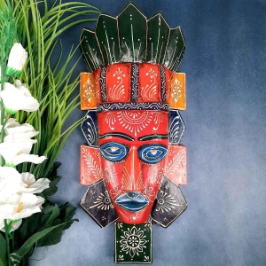 Wall Mask Nazar Battu | Decorative Tribal Masks For Home Entrance & Living Room | African Egyptian Big Face Hanging - For House, Door, Hall-Way, Balcony Decoration - 20 Inch-Red