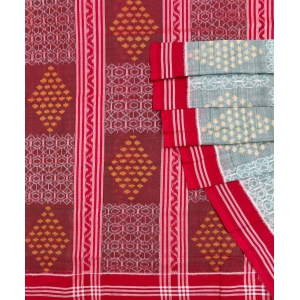 Gray Red Sambalpuri Handwoven Single Ikat Cotton Saree